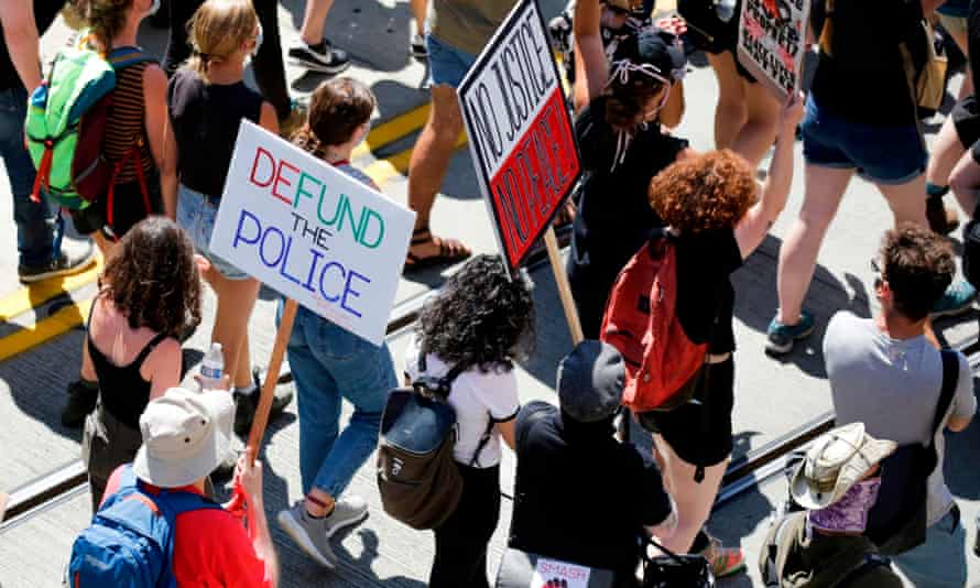 A defund the police march from King county youth jail to city hall in Seattle, Washington on 5 August 2020.