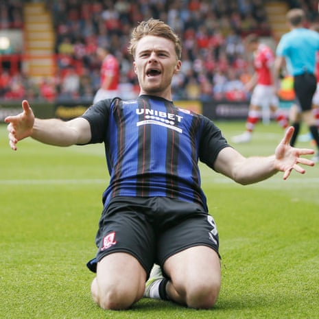 Middlesbrough's Tommy Conway celebrates after opening the scoring at Wrexham.