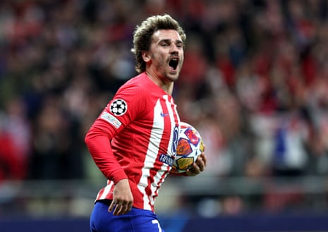 Atletico Madrid’s Antoine Griezmann celebrates scoring equaliser in their Champions League last 16 game against Inter.