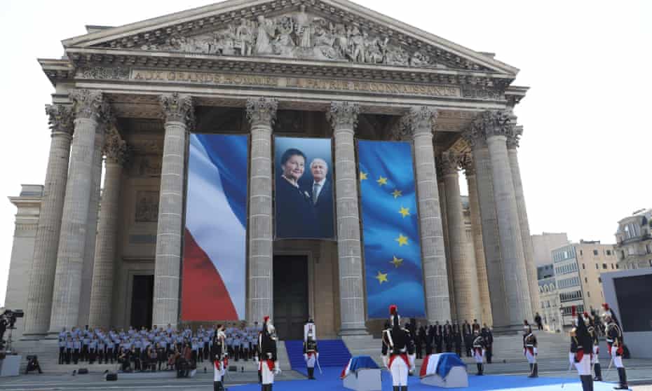 President Emmanuel Macron delivers a speech during the burial ceremony of the late French politician and Holocaust survivor Simone Veil and her husband, Antoine, at the Panthéon in Paris
