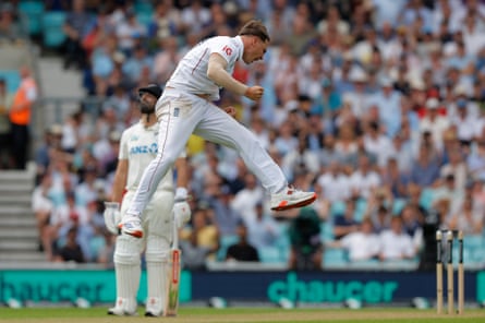 Sonny Baker leaps pinch joyousness aft taking his first Test wicket.
