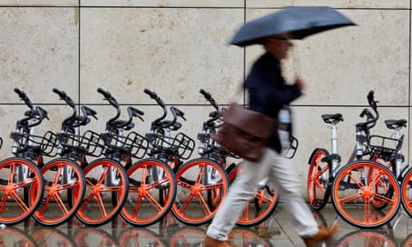 The first 1,000 bicycles in Manchester’s Exchange Square as Chinese firm Mobike launches its cycle-sharing scheme in the city.