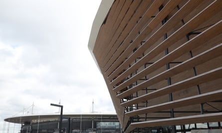 View of the wooden slats running along the side of the aquatics centre.