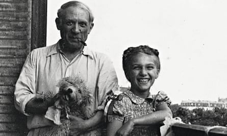 Pablo with their daughter, Maya, and dog, Ricky, in 1944. Photograph by Marie-Thérèse Walter © Maya Picasso collection.