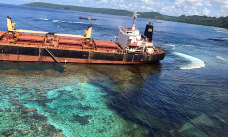 Oil spills from the MV Solomon Trader along the coastline of Rennell Island in the Solomons.