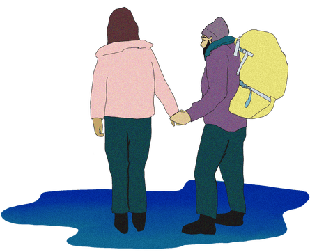 illustration of pair hiking hand in hand