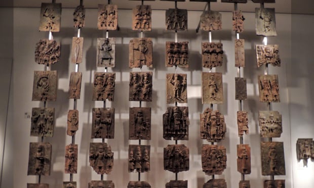Some of the 900 bronze relief plaques known as the Benin bronzes.