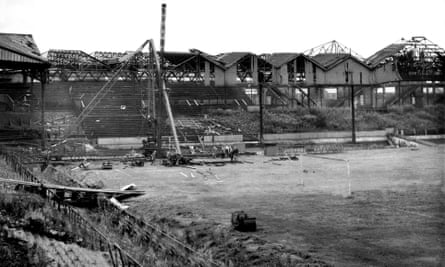 Bomb-damaged Old Trafford, pictured shortly after the second world war in September 1945