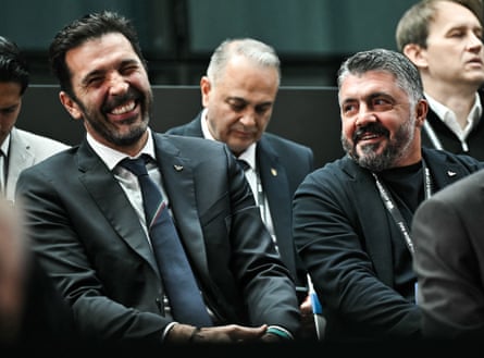 Buffon and head coach Gennaro Gattuso share a joke