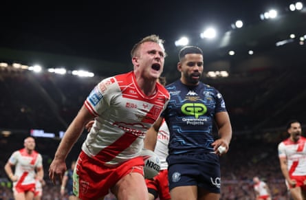 Hull KR’s Jez Litten celebrates scoring his team’s third try against Wigan