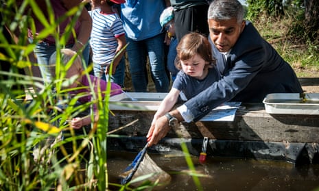 Sadiq Khan takes part in pond dipping at Woodberry Wetlands in Stoke Newington, London, as he unveils his draft Environment strategy