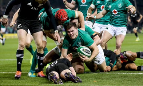 Ireland’s Jacob Stockdale scores his try early in the second half as his side won a famous home victory over the All Blacks.