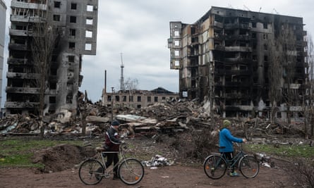 A destroyed apartment building on in Borodianka, Ukraine.
