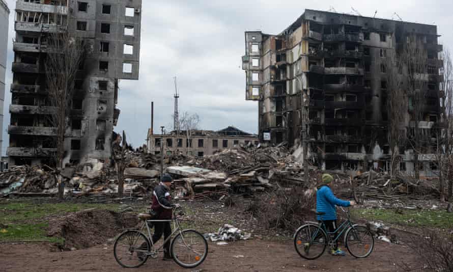 A destroyed apartment building on in Borodianka, Ukraine.