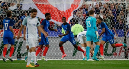 Ousmane Dembélé celebrates after scoring France’s winner in a friendly against England at the Stade de France in June 2017