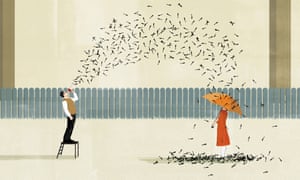 Man blowing exclamation marks over a woman holding umbrella