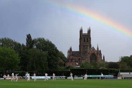 Ben Stokes celebrates taking a wicket for Durham against Worcestershire beneath a rainbow