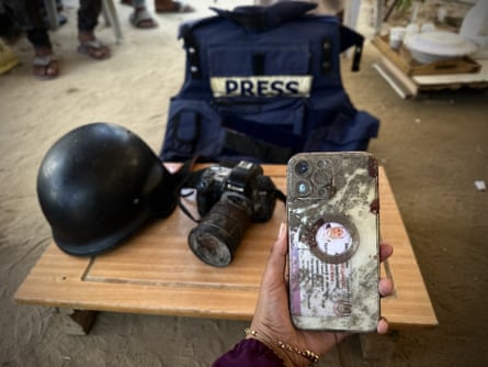 The camera, press vest, helmet and mobile phone belonging to the Mariam Abu Dagga, one of the journalists killed in the Israeli army’s attack on Nasser Medical Complex in Khan Yunis on 25 August.