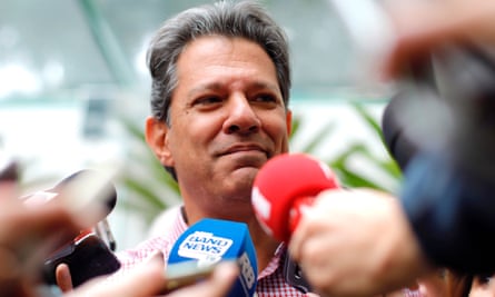 Brazilian socialist presidential candidate Fernando Haddad talks to media after casting his ballot at a polling station in Sao Paulo, Brazil, on Sunday.