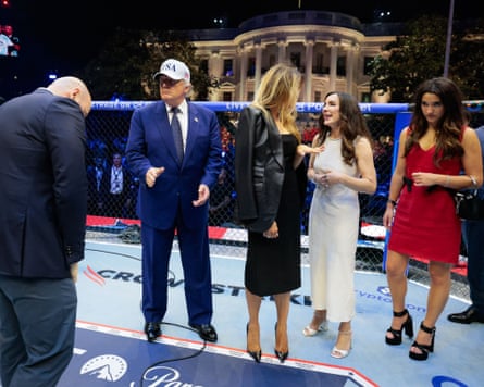 Donald Trump with UFC CEO Dana White, Melania Trump and other guests inside the cage on the South Lawn of the White House in Washington DC.