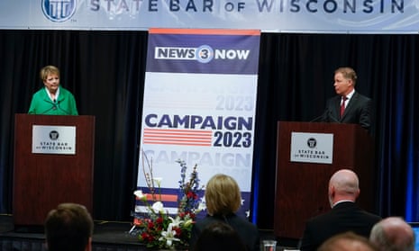 The Wisconsin judicial candidates – Republican-backed Dan Kelly and Democratic-supported Janet Protasiewicz – participate in a debate in Madison last month.