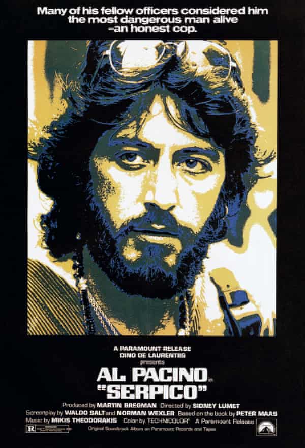 A black and white two-tone movie poster featuring a young, bearded Pacino with sunglasses on his forehead as the protagonist