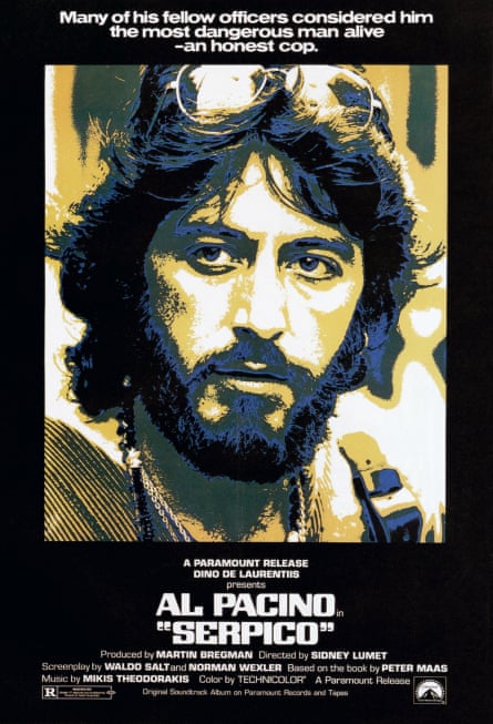 Duotone film poster in black white and yellow featuring a young, bearded Pacino with sunglasses on his forehead as the title character