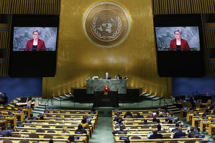 Penny Wong addresses the UN general assembly at the United Nations headquarters in New York