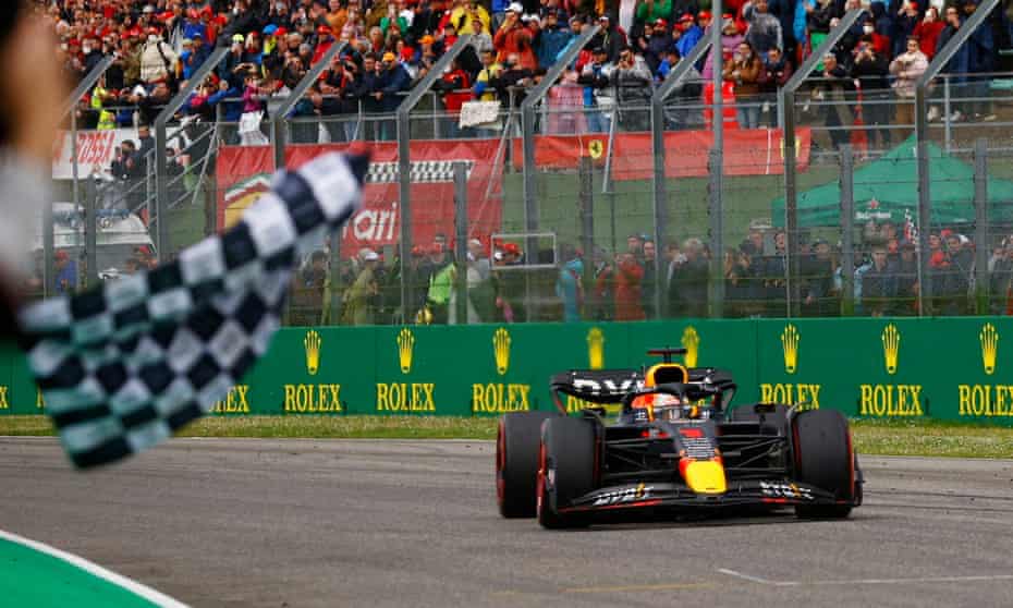 Red Bull’s Max Verstappen crosses the line to win the Emilia Romagna Grand Prix at Imola.
