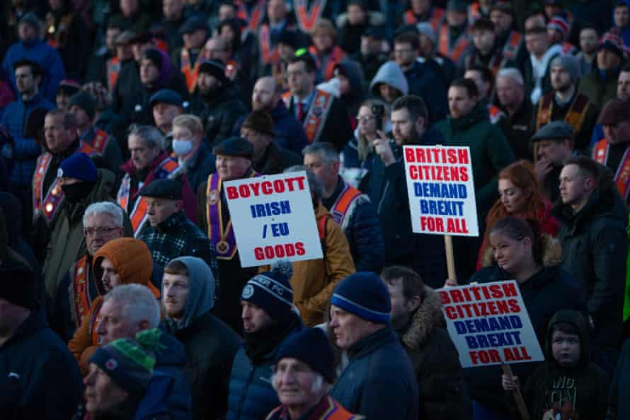 Loyalists with placards at an anti-protocol rally in Lurgan.