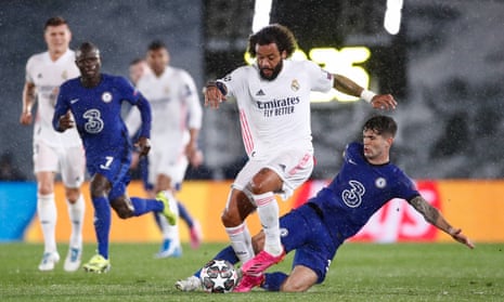 Marcelo in action for Real Madrid in the Champions League semi-final first leg against Chelsea.