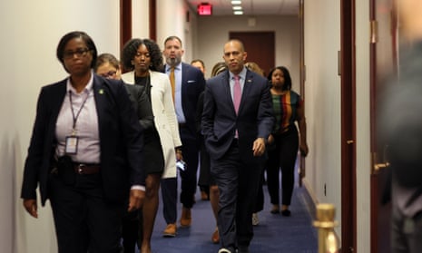 Hakeem Jeffries (pink tie) in the US Capitol on Monday.