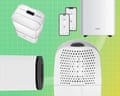 Composite of four dehumidifiers, plus two smartphones showing an app for one of the devices on a green grid background