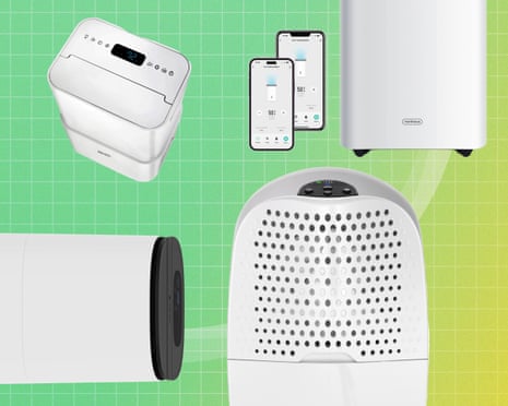 Composite of four dehumidifiers, plus two smartphones showing an app for one of the devices on a green grid background