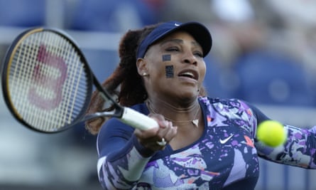 Serena Williams returns the ball during her quarter-final doubles match with Ons Jabeur of Tunisia against Shuko Aoyama of Japan and Hao-Ching of Taiwan at the Eastbourne International.