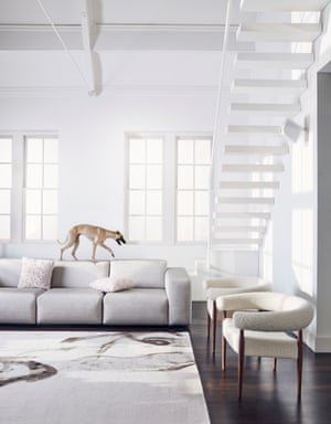 Ring Chair designed by Nanna & Jørgen Ditzel for Getama, from The Conran Shop. Open sofa in Colville fabric by Armani/Casa. Argo cushion in 0112 designed by Raf Simons for Kvadrat. Smoke hand knotted rug designed by Adam Hunter for The Rug Company