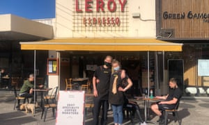 Manager Jade Slabber and trainee Archie prep for a their first busy day of dine-in customers at Leroy Espresso