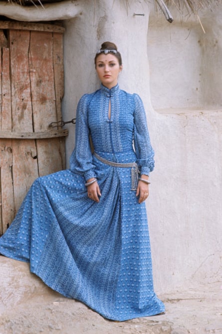 Jane Seymour modelling a blue, full-length Monsoon dress in the 70s.