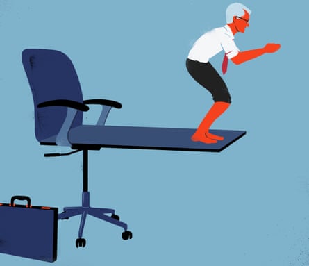 Illustration of older man diving off office chair