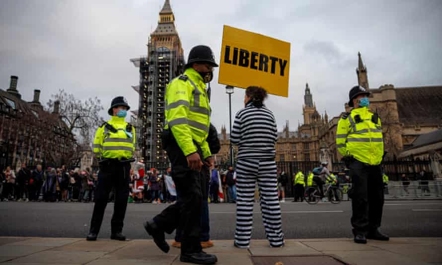 Anti-vaxx protesters gather outside parliament in London last month.