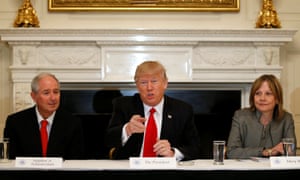 Trump flanked by Blackstone CEO Stephen Schwarzman and General Motors CEO Mary Barra, both bosses have expressed concern about climate change