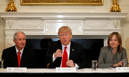 Trump flanked by Blackstone CEO Stephen Schwarzman and General Motors CEO Mary Barra, both bosses have expressed concern about climate change