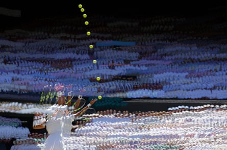 A multiple exposure of Alexandra Eala serving in her loss to Jasmine Paolini on Centre Court.