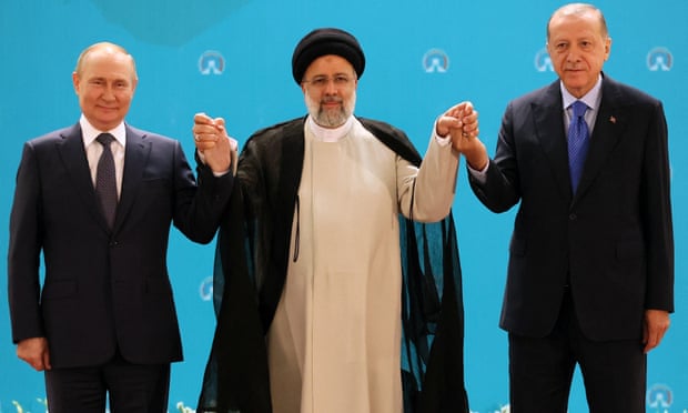 Vladimir Putin,  Iranian president Ebrahim Raisi and Recep Tayyip Erdoğan in Tehran