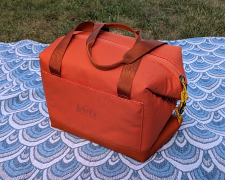 orange cooler bag photographed outside on beach blanket in grass