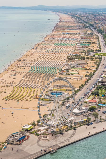 Aerial View of the beach of RiminiAerial Photograph of the adriatic coastline at Rimini, Italy - With ferris wheel in foreground