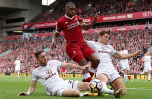 Daniel Sturridge is tackled by Stephen Ward and James Tarkowski during Liverpool’s 1-1 draw with Burnley at Anfield.