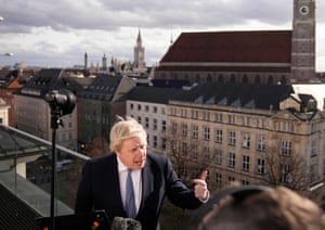 Britain’s prime minister Boris Johnson briefs the media during the Munich security conference over the weekend.