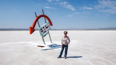 A sign on a lakebed in Trona Pinnacles, California, from the film Land of the Lost
