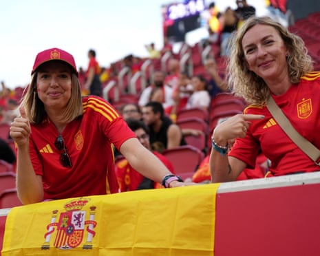 Fans pose for a photo prior to the Women's World Cup qualifier match between Spain and England